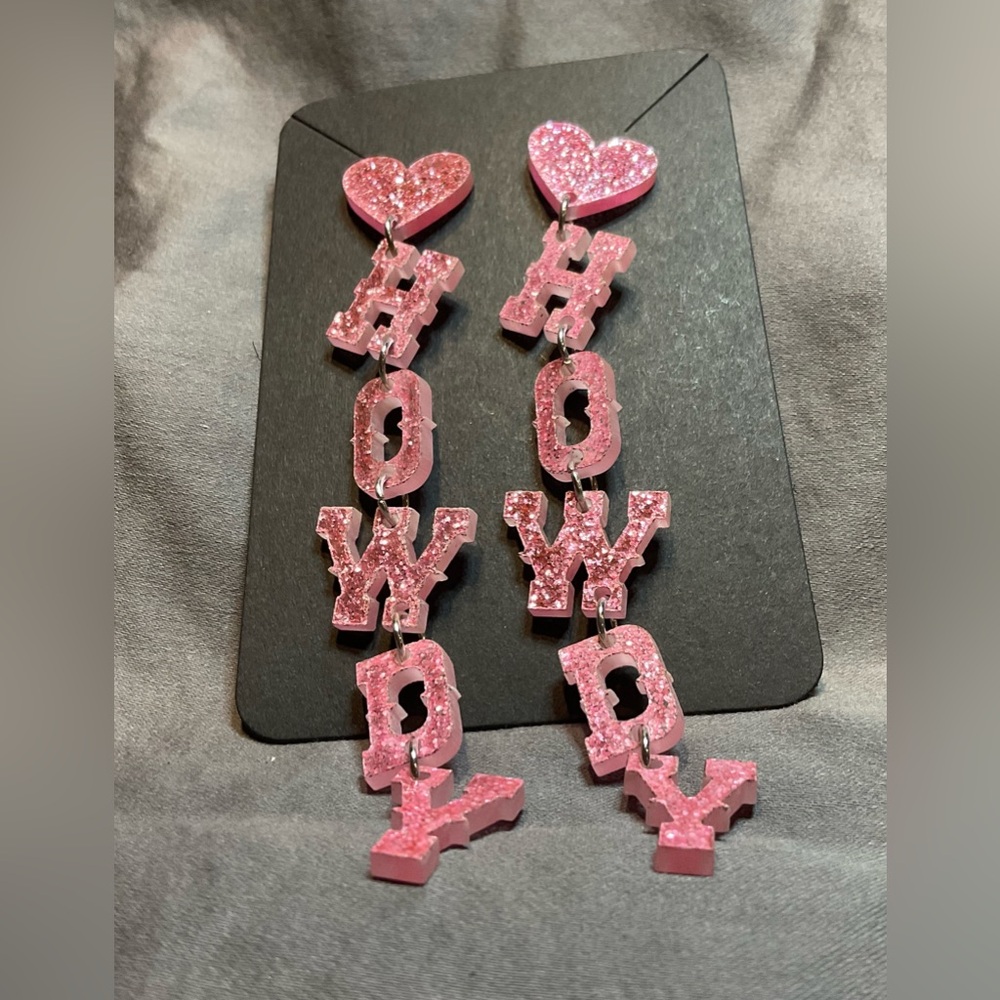 NWOT Pink Glittery Acrylic Howdy Drop Earrings #1116 - Picture 2 of 5